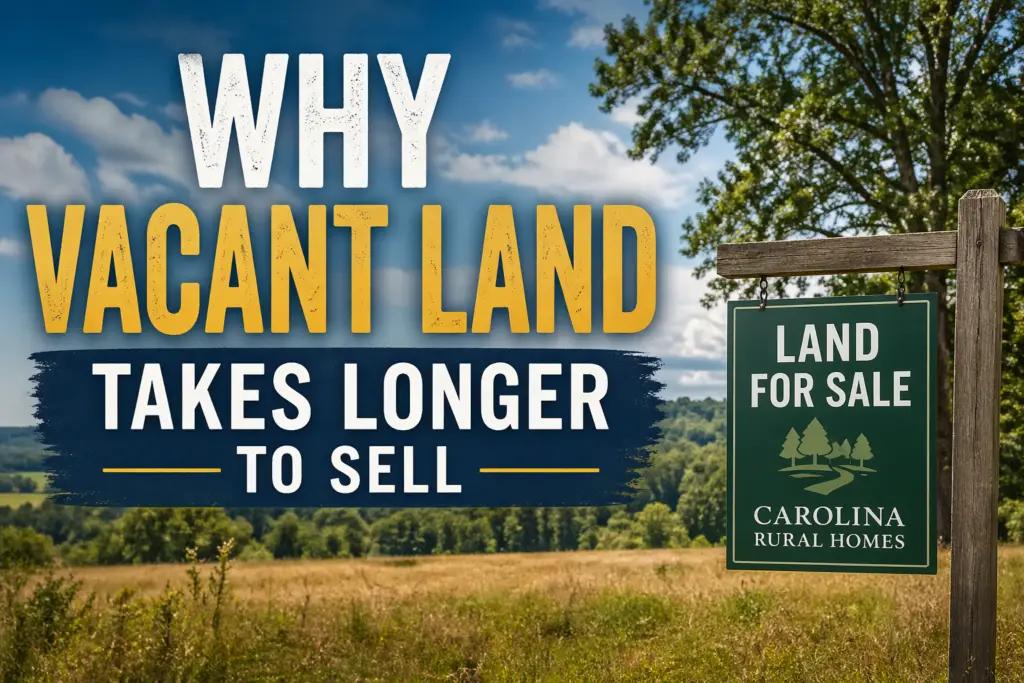 Why Vacant Land Takes Longer to Sell – rural North Carolina vacant land with open field and trees, illustrating slower land sales compared to homes.
