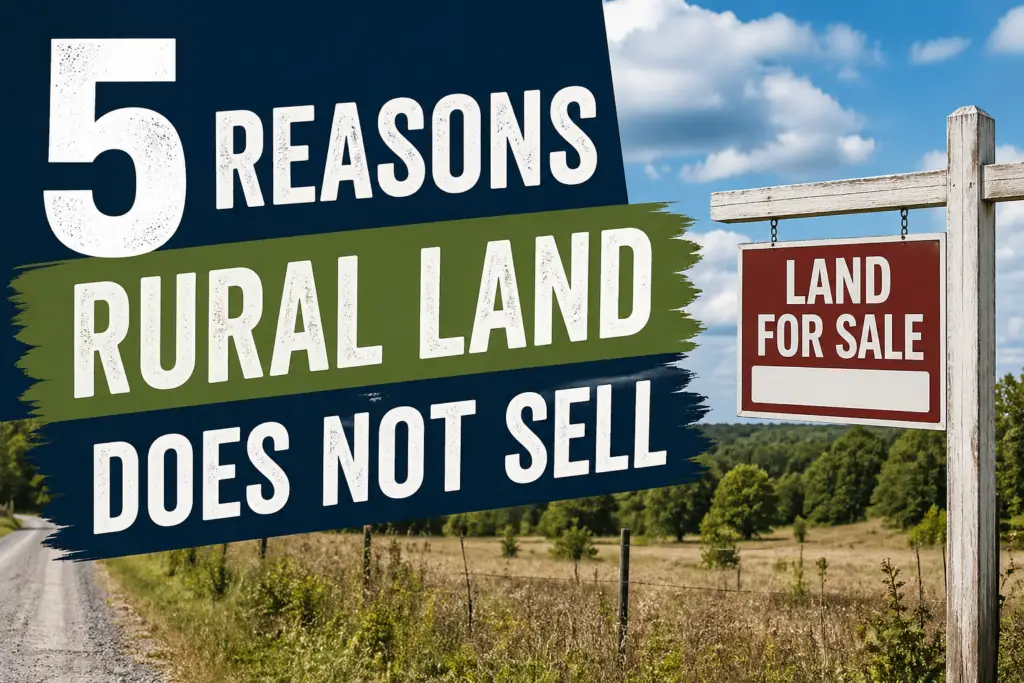 Featured image for blog post titled ‘5 Reasons Rural Land Does Not Sell’ showing a vacant rural property with open land, limited access, and a slow real estate market context.