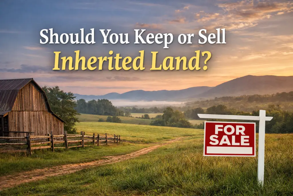 For sale sign on rural vacant land with barn and fields illustrating whether to keep or sell inherited property