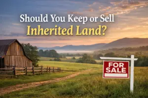 For sale sign on rural vacant land with barn and fields illustrating whether to keep or sell inherited property